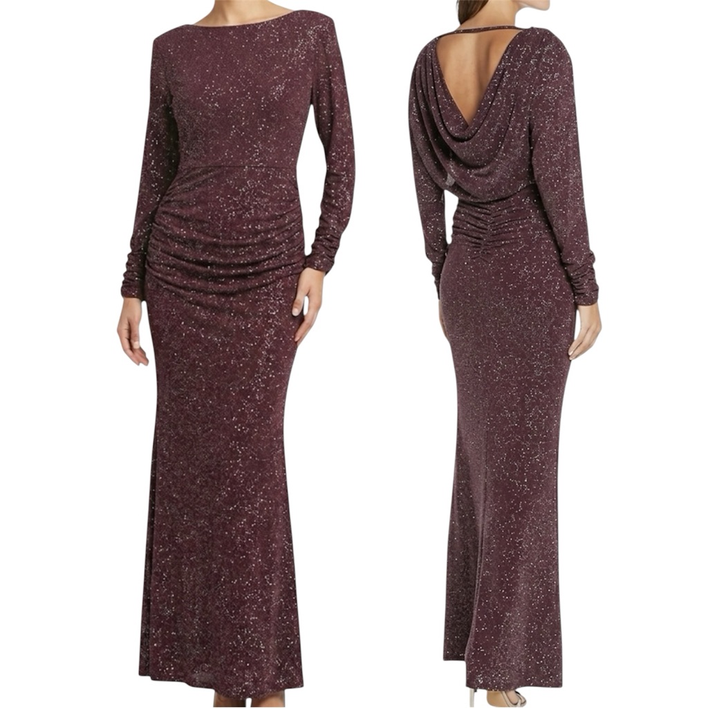 Vince Camuto Plum Metallic Long Sleeve Cowl Back Gown